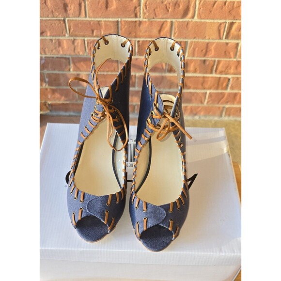 Ashro Denim Blue Heels Sandals Open Toe Strappy  Lace Up 9.5 M NEW - Picture 1 of 5